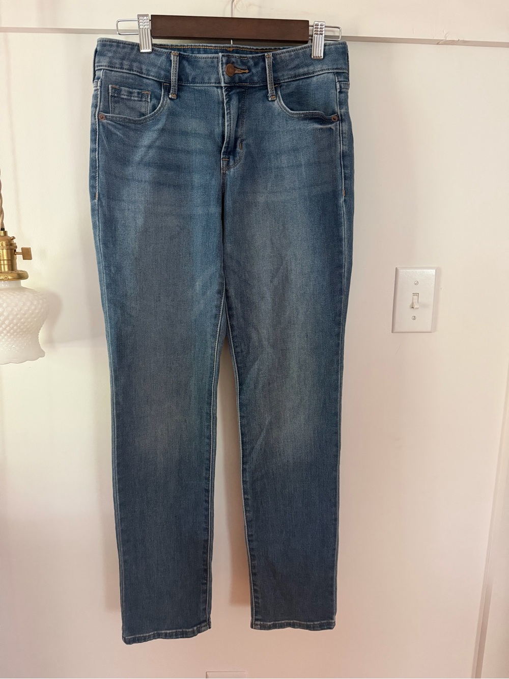 Old Navy Women's ankle Mid-Rise Power Slim Strait Jeans in Medium Blue.